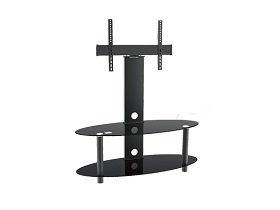 2-Tier Oval Black Glass Media Console With Swivel Tv Mount Bracket